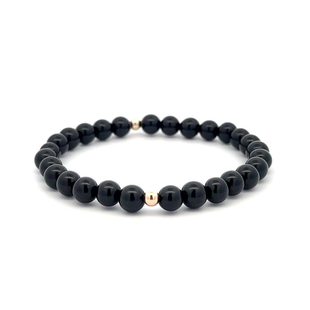 Gemstones Onyx 6mm Stretchable Bracelet 14k Gold Bead Charm